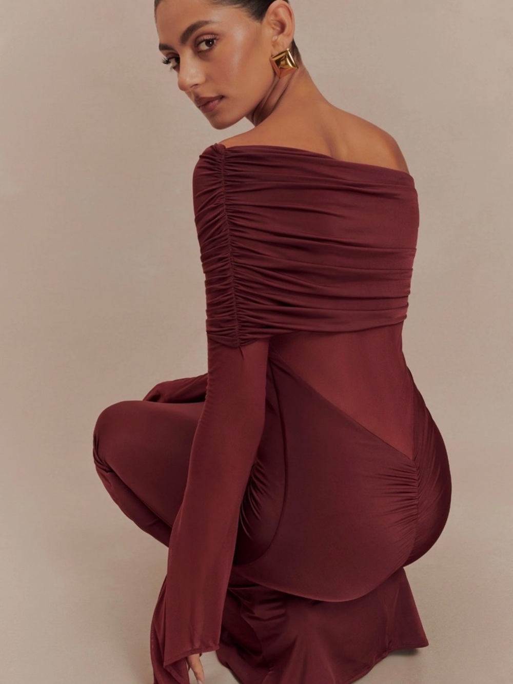 Meshki One-Shoulder Ruched Maxi Dress in Burgundy
